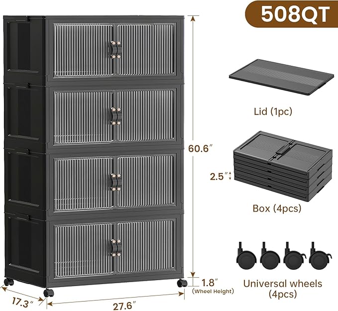 SAILUN 508Qt Extra Large Stackable Storage Bins Folding Collapsible Storage Bins with Lid, Closet Organizers and Storage Box with Door Black 28" W x 17" D x 61" H