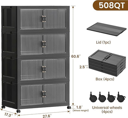 SAILUN 508Qt Extra Large Stackable Storage Bins Folding Collapsible Storage Bins with Lid, Closet Organizers and Storage Box with Door Black 28" W x 17" D x 61" H
