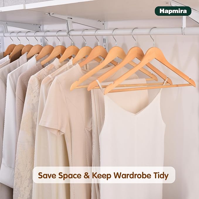 Hapmira Premium Wooden Hangers 10 Pack, Natural Solid Wood Hangers with Trouser Rods and Shoulder Notches, Space Saving for Suits, Shirts, Jackets, Dresses and Pants (20, Natural)