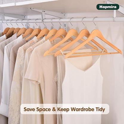 Hapmira Premium Wooden Hangers 10 Pack, Natural Solid Wood Hangers with Trouser Rods and Shoulder Notches, Space Saving for Suits, Shirts, Jackets, Dresses and Pants (20, Natural)