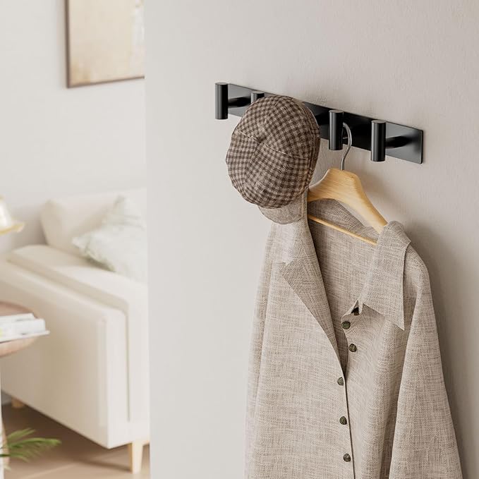 Black Wall Mounted Coat Rack – 5 T-Shaped Pegs for Hats, Bags & Towels, Heavy-Duty Metal Rail for Entryway, Bathroom, Closet, Bedroom (2 Pack)