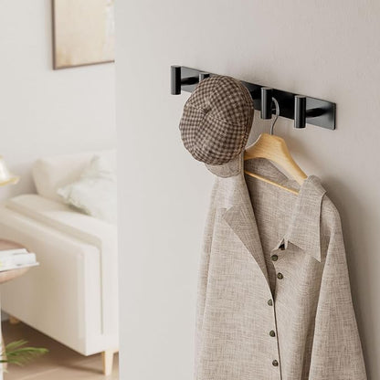 Black Wall Mounted Coat Rack – 5 T-Shaped Pegs for Hats, Bags & Towels, Heavy-Duty Metal Rail for Entryway, Bathroom, Closet, Bedroom (2 Pack)