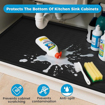 URMONA 28'' x 19'' Waterproof Silicone Under Sink Mat Cabinet and Counter Protector, Shelf Liner for Kitchen and Bathroom, Storage and Organizers, Litter Mat, Pet Cat Puppy Essentials（Black）