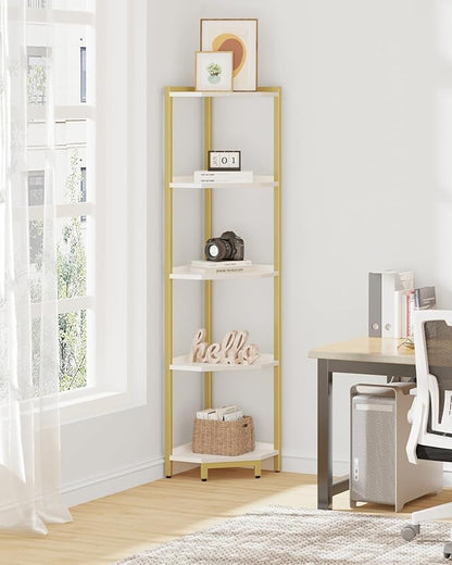 Corner Shelf Stand, Corner Bookshelf, Storage Standing Shelf Unit with Metal Frame, Plant Stand, Corner Bookcase for Living Room, Home Office, Bedroom, 5-Tier White Gold CS05903A