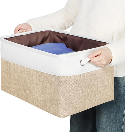 Kntiwiwo Foldable Storage Bin Collapsible Fabric Storage Basket Cube with Durable Handles Closet Organizer Bins for Organizing Shelves Drawers, Set of 3, 17" x 11.8" x 9.8", Beige