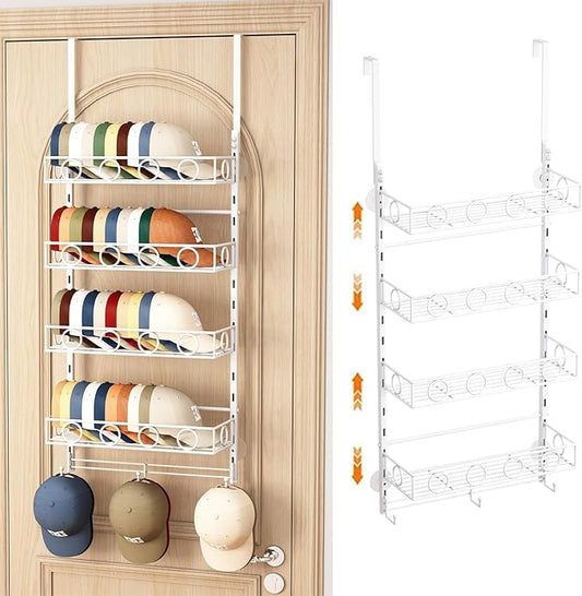Over Door Hat Organizer 5 Tier Wall Mounted Hat Rack with 4 Adjustable Metal Basket and 3 Hooks Hat Organizer for Baseball caps Hat Hanger Holder Display for Door Closet Cap Organizer Storage