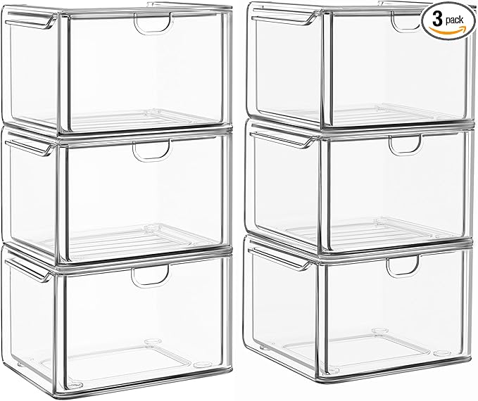 caktraie 6 Pack Small Stackable Stroage Drawers, Acrylic Bathroom Makeup Organizer, Plastic Storage Bins For Vanity, Undersink, Kitchen Cabinets, Pantry, Home Organization