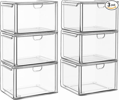 caktraie 6 Pack Small Stackable Stroage Drawers, Acrylic Bathroom Makeup Organizer, Plastic Storage Bins For Vanity, Undersink, Kitchen Cabinets, Pantry, Home Organization