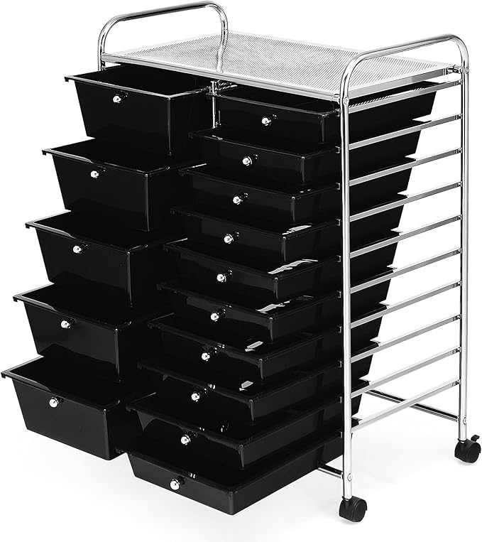 KOTEK 15-Drawer Rolling Storage Cart, Multipurpose Mobile Utility Cart with 4 Wheels, Home Office School Tools Scrapbook Paper Organizer (Black)