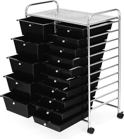 KOTEK 15-Drawer Rolling Storage Cart, Multipurpose Mobile Utility Cart with 4 Wheels, Home Office School Tools Scrapbook Paper Organizer (Black)