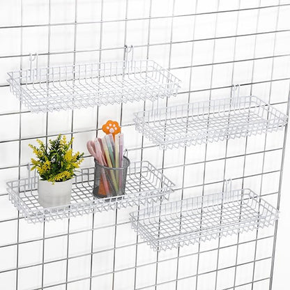 Blulu 4 Pcs 15.75 x 5.91 x 1.97 Inch Metal Grid Wall Baskets with Hooks Grid Wall Shelves Hanging Wire Basket Multi Function Storage Organizer for Kitchen Organizing Display (White)