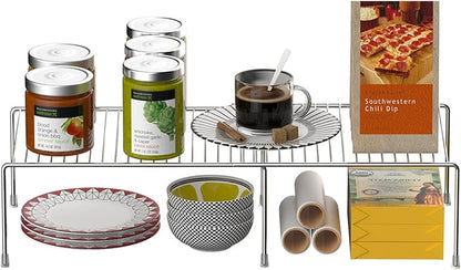Kitchen Cabinet Expandable Shelf Organizers Set of 4, Adjustable Metal Wire Pantry Storage Shelves, Plate Dish Organizer Rack for Cabinets, Cupboard, Counter, Freezer, Countertop, Chrome