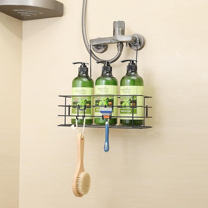 Seltomer Shower Caddy Hanging Shower Orangizer Stainless Steel Shower Rack with Hooks Over The Door, Shampoo Basket Storage (Black)