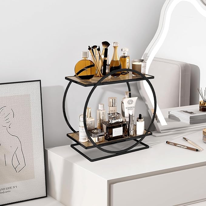 YIWANFW Perfume Organizer for Dresser, Black Bathroom Counter Organizer, 2 Tier Vanity Makeup Organizer, Bathroom Organizer and Storage for Skincare Cosmetic Perfume Display Stand for Bedroom Decor