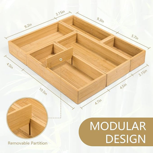 5 PCS Bamboo Drawer Organizer, Multi-Use Wooden Drawer Organizer, Junk Drawer Organizer Kitchen for Bathroom, Makeup Desk, Office Desk, Jewelry, Utensils, Tea Drawer