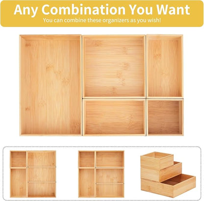 5PCS Bamboo Drawer Organizer with Adjustable Wood 2 Drawer Dividers, Stackable Makeup Desk Junk Storage Boxes Container Trays with 7 Grid for Kitchen Utensils,Bathroom, Office