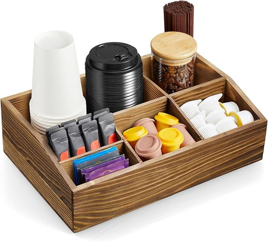 Burnt Wood Coffee Station Organizer for Countertop, Coffee Bar Accessories and Organizer, Rustic Coffee Pod Holder Storage Basket for K Cup Sugar Tea