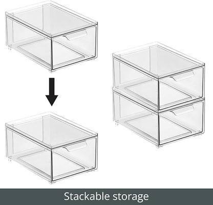 mDesign Stackable Storage Containers Box with Pull-Out Drawer - Stacking Plastic Drawers Bins for Kitchen Pantry and Cupboard, Cabinet, Counter, Island and Tables - Lumiere Collection - 4 Pack - Clear
