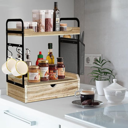 Wooden Coffee Bar Organizer - 2-Tier Station with Pod Holder, Syrup Snack Organizer and Hooks (Brown)