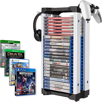 ASFSKY Video Game Storage Tower - 24 Games Holder Stand with 2 Controller Hooks Universal Video Game Organizer Compatible with PS5, PS4, Xbox & Switch Games (23Pcs)