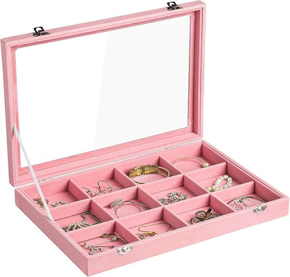 Frebeauty Velvet Jewelry Tray,12 Grid Jewelry Organizer with Clear Lid,Bracelets Holder,Jewelry Display Case with Clasp,Drawer Insert Bangle Brooch,13.8 x 9.5 x 2 Inches,Gift for Women Girls(Pink)