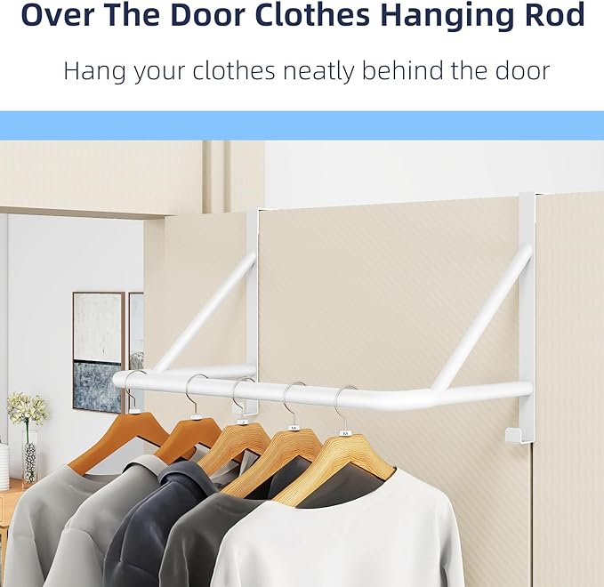 Over The Door Hanger for Clothes, Stainless Door Hangers for Clothing, Over The Door Clothes Drying Rack for laundry, Over Door Hanger Organizer with 2 Hooks for Hanging Towels & Coats, White