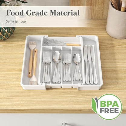 Lifewit Silverware Drawer Organizer, Expandable Utensil Tray for Kitchen, BPA Free Flatware and Cutlery Holder, Adjustable Plastic Storage for Spoons Forks Knives, 8.5"-14.1" x 12.1", White