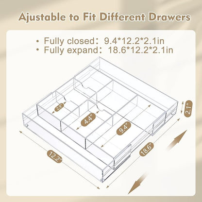 Briwooody 2 Pcs Acrylic Desk Drawer Organizer Maximum 12 x 18 x 2.1 Inch Expandable Drawer Organizer Trays with 8 Adjustable Compartments Desk Accessories for Makeup Silverware Office Bathroom