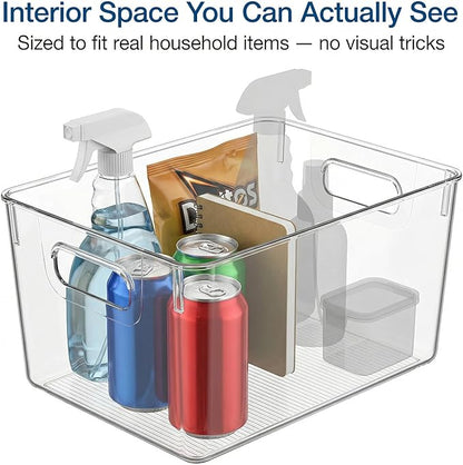MOONEDGE Open Clear Plastic Storage Bins Stackable Organizer Containers with Handles for Kitchen, Pantry, Fridge, Cabinet, Closet Storage & Home Organization 6 Pack（11 x 8 x 6 in）