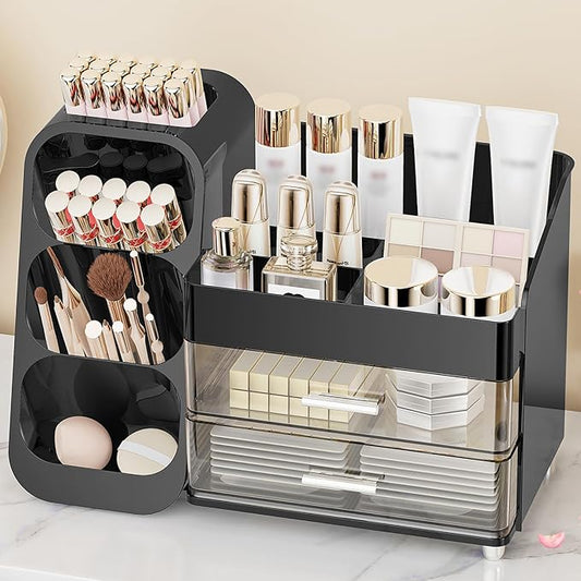 Anylady Makeup Organizer with Drawers, Skincare Organizer (Large Size Thick), Storage Box Cosmetic Display Cases, Make up Organizers for Vanity, Dresser, Desk, Kitchen, Countertop (black)
