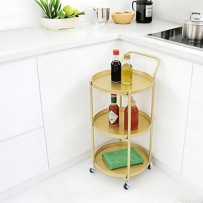 Round 3-Tier Rolling Bar Cart with Locking Wheels, Metal Serving Cart with Handle, 18" x 16" Mobile Organizer for Dining Room, Living Room, Bar (Gold)