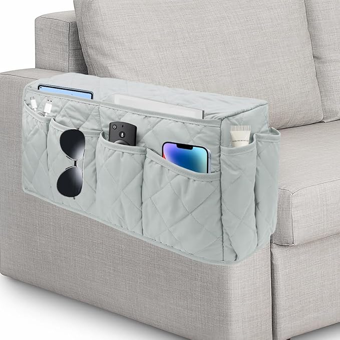 HADEEONG Remote Control Holder, Non Slip Bedside Armchair Caddy, Recliner Arm Caddy Armrest Organizer with 14 Pockets for Cell Phone TV Remote Control Magazines, Light Gray