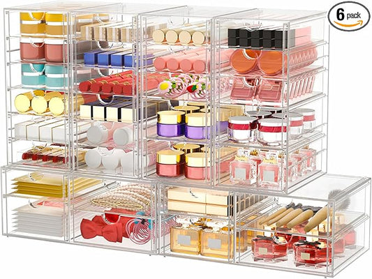 caktraie Makeup Organizer Storage with 30 Drawers, 6 Pcs Desktop Office Supplies, Desk Organizers, Clear Accessories, Dustproof Drawer and for Make Up, Jewelry, Pen, Stationary