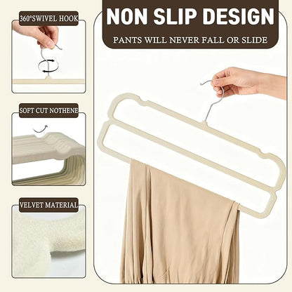 VSV stoage Velvet Pants Hangers with Double Non Slip Bar - Multiple Velvet Hangers for Closet - Thin Space Saving Clothes Hanger - 360° Swivel Felt Trouser Hanger Perchas Terciopelo 10 Pack (Beige)