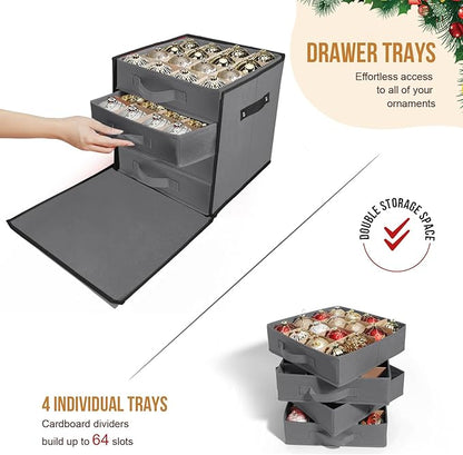 WDZREE Premium Large Christmas Ornament Storage,Box with Side Open, Drawer Style Trays - 3" Compartment, 4 Trays, Keeps 64 Holiday Ornaments -Made of Durable 600D Oxford Fabric Tear-Proof Material