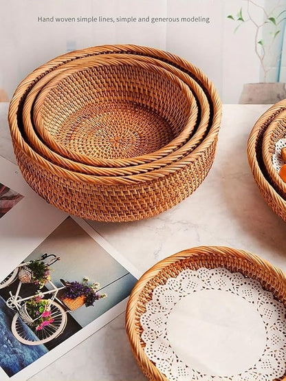 Natural Hand-Woven Rotundish Fruit Basket Wicker Food Tray Woven Storage Rack Vegetable Basket Picnic Tray Organizer (3, S+M+L)