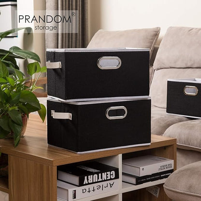 PRANDOM Larger Collapsible Storage Bins for Closet [5-pack] Decorative Linen Fabric Storage Baskets Cubes with Leather/Metal Handles for Living Room Black (17.3x12.2x10.4 Inch)