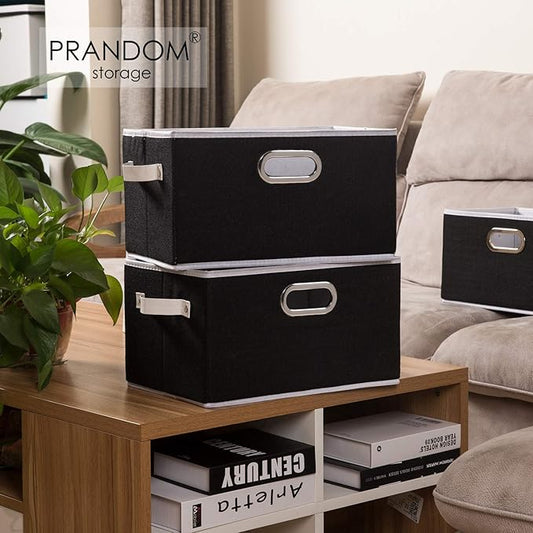 PRANDOM Fodable Storage Baskets for Closet [5-pack] Decorative Fabric Storage Bins Cubes with Leather/Metal Handles for Shelves Bedroom Living Room Black (11.5x8.5x6.7 Inch)