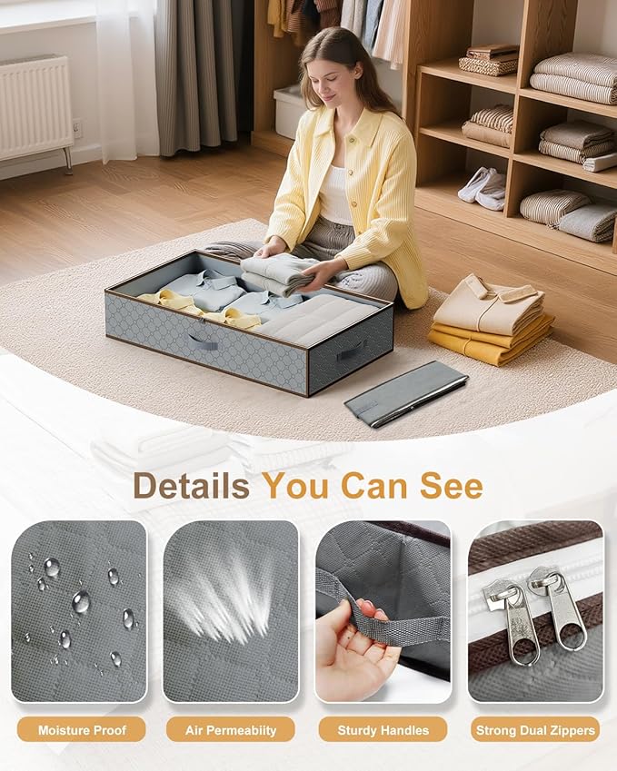 LUOFNI Large Under Bed Storage Containers,[4 Pack/Upgraded Bottom fabric]Carpet-Friendly Design Underbed Clothes Storage with Sturdy Sidewalls,Foldable under bed organizer for Clothes,Blankets,Sweater