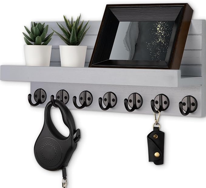 Key Holder Wall Mount, Entryway Key and Mail Holder with 7 Sturdy Hooks for Sunglasses, Dog Leash, Decorative Wall Shelf with Mounting Hardware, 15”W x 6.7”H x 4.2”D (Gray)