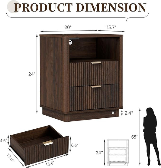 BONITURE Fluted Nightstand, Curved Night Stand with Charging Station Lighting, Wood End Table with 2 Drawers, Modern Side Table Storage Cabinet for Bedroom Office,(1, Walnut)
