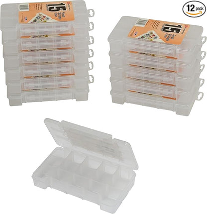 Akro-Mils 05705 Plastic Portable Parts Storage Case for Hardware and Crafts with Hinged Lid and 4 Adjustable Dividers, (8-3/8-Inch x 5-Inch x 1-5/8-Inch), Small, Clear, 12-Pack