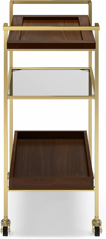 SIMPLIHOME Jace SOLID MANGO WOOD Industrial Contemporary 26 inch Wide Bar Cart in Cognac for the Living room, dining room and kitchen