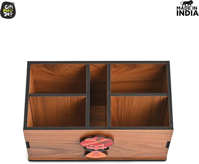 GKD Remote Stand with 5 Sections | Wooden Remote Holder for Living Room, TV and AC | Stationary Organizer | 5 in 1 | Ideal for Home and Office, New Year Gift (Brown Rajasthan)