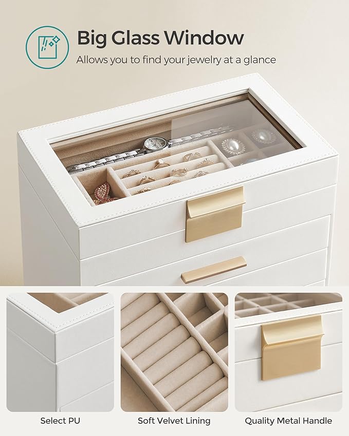 SONGMICS Jewelry Box Organizer with Glass Lid, 6-Layer Jewelry Storage, with 5 Drawers, Modern Style, 6.4 x 9.9 x 11.4 Inches, Cloud White and Gold Color UJBC171W01