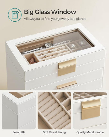 SONGMICS Jewelry Box Organizer with Glass Lid, 6-Layer Jewelry Storage, with 5 Drawers, Modern Style, 6.4 x 9.9 x 11.4 Inches, Cloud White and Gold Color UJBC171W01