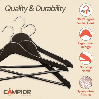 Vintage Wooden Hangers 60 Pack – Heavy-Duty with 360° Swivel Hook, Non-Slip, Pants Bar & Shoulder Grooves - Wooden Hangers for Suits, Jackets, Dresses & Camisoles, Space-Saving and Smooth Finish