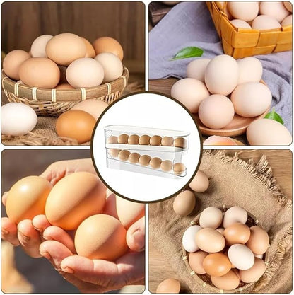Auto Rolling 2 Tier Eggs Holder Fridge Organisers 30.3 X 8.5 X 14.2 Cm Egg Dispenser Kitchen Roll Down Stackable With Lid Trays Egg Storage Box For Fridge & Kitchen Countertop