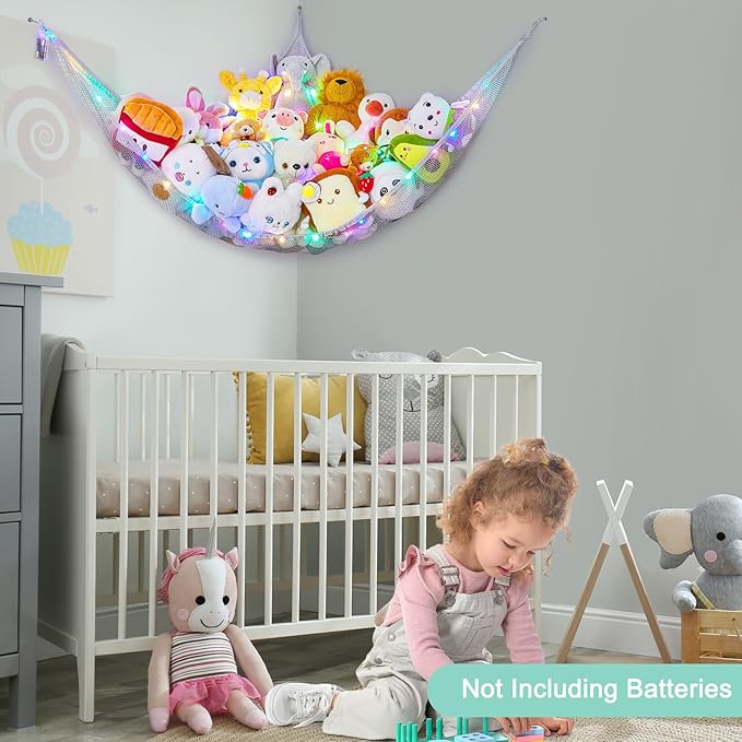 Unicorn Castle Stuffed Animals Net or Hammock Kids Toy Storage Organizer with LED Light Hanging Corner Stuffed Animals Holder Kids Girls Room Decor,Grey,Large (Pack of 1)