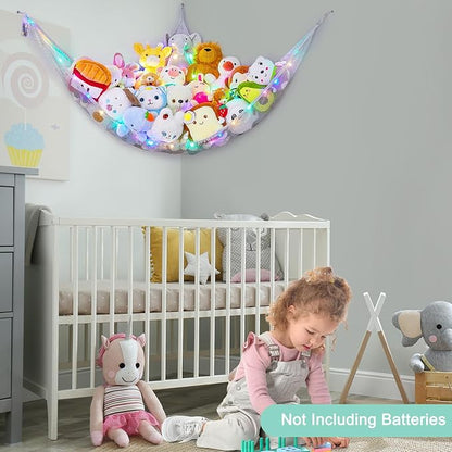 Unicorn Castle Stuffed Animals Net or Hammock Kids Toy Storage Organizer with LED Light Hanging Corner Stuffed Animals Holder Kids Girls Room Decor,Grey,Large (Pack of 1)